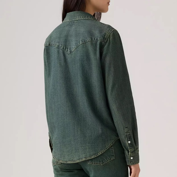 Levi's Classic Size Small Women Gray Denim Shirt Pearl Snap Long Sleeve Western - Picture 15 of 16